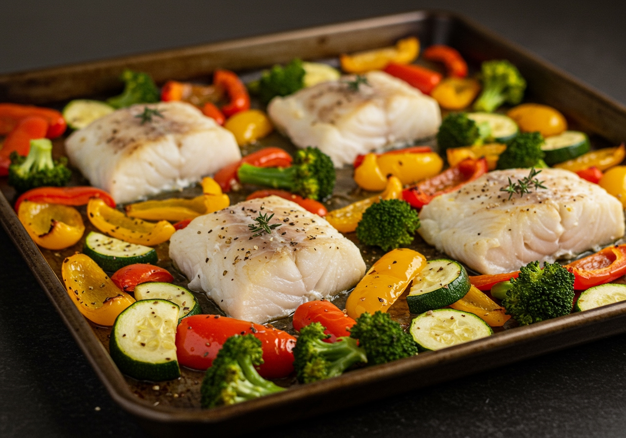 A sheet pan filled with baked cod fillets surrounded by colorful roasted vegetables like bell peppers, zucchini, and broccoli florets.