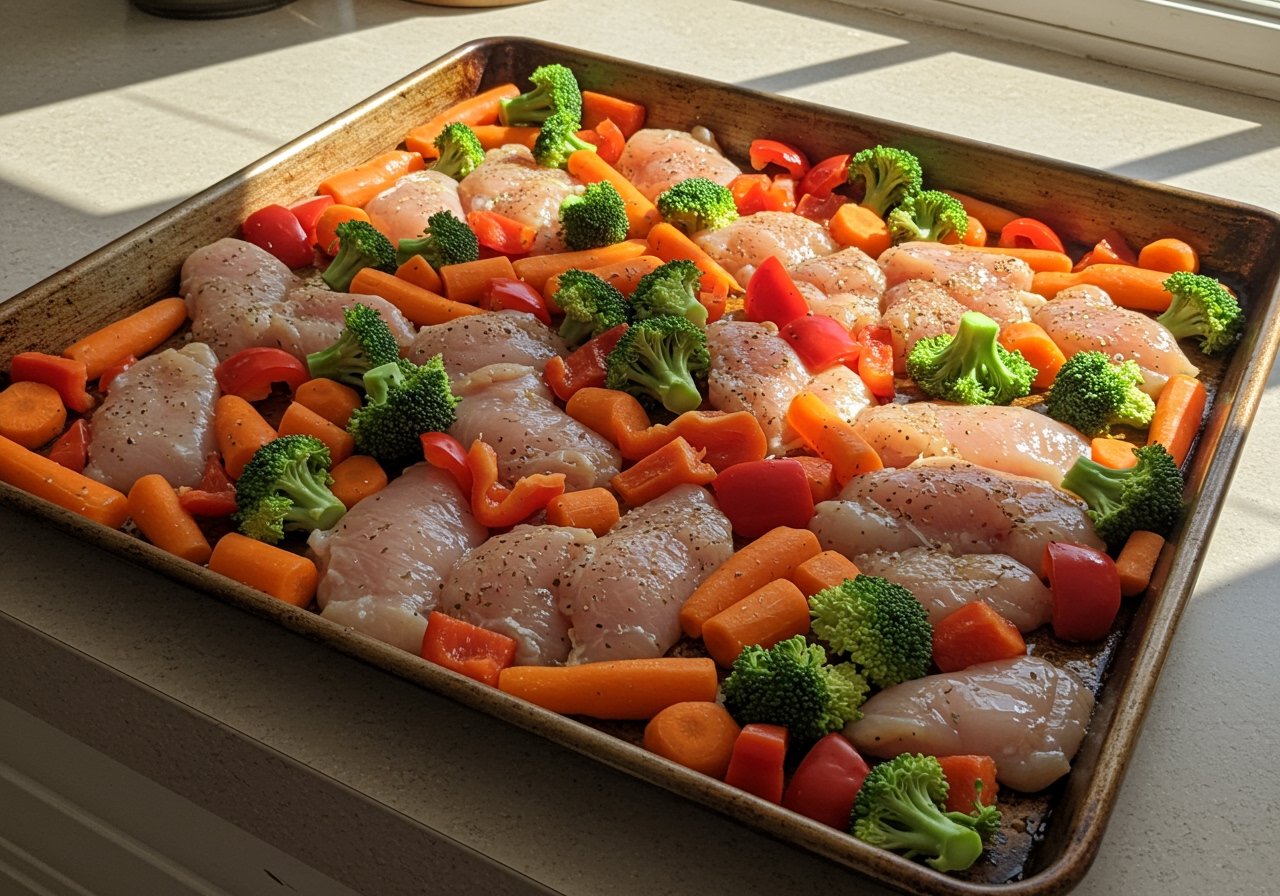 A sheet pan filled with colorful chopped vegetables and chicken ready for the oven, illuminated by natural light.