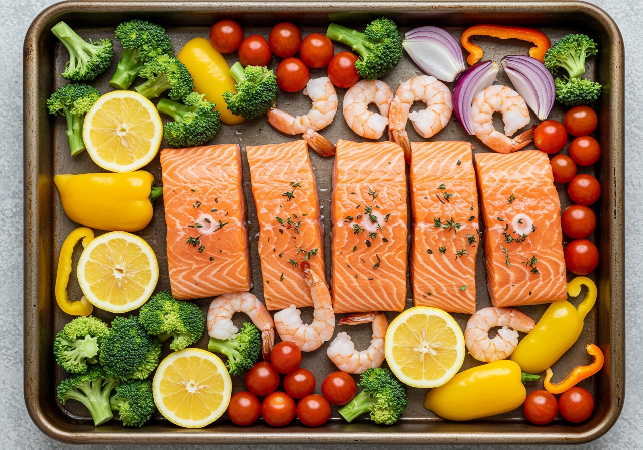 A sheet pan filled with colorful vegetables (broccoli, bell peppers, onions, cherry tomatoes) and pieces of salmon and shrimp, seasoned with herbs and lemon slices, ready to be put into the oven.
