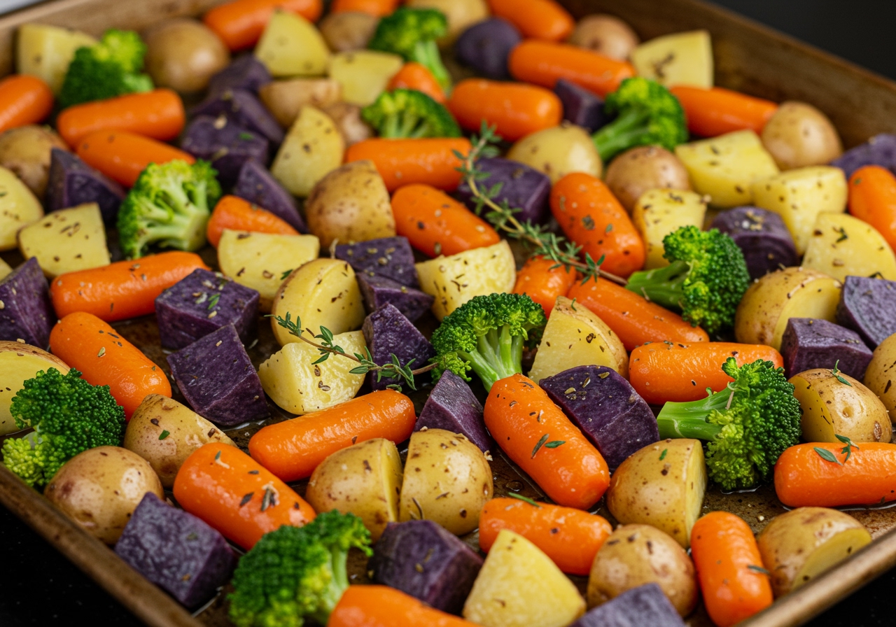 A sheet pan filled with colourful chopped root vegetables like carrots, potatoes, and sweet potatoes, along with broccoli florets, drizzled with olive oil and herbs, before roasting.