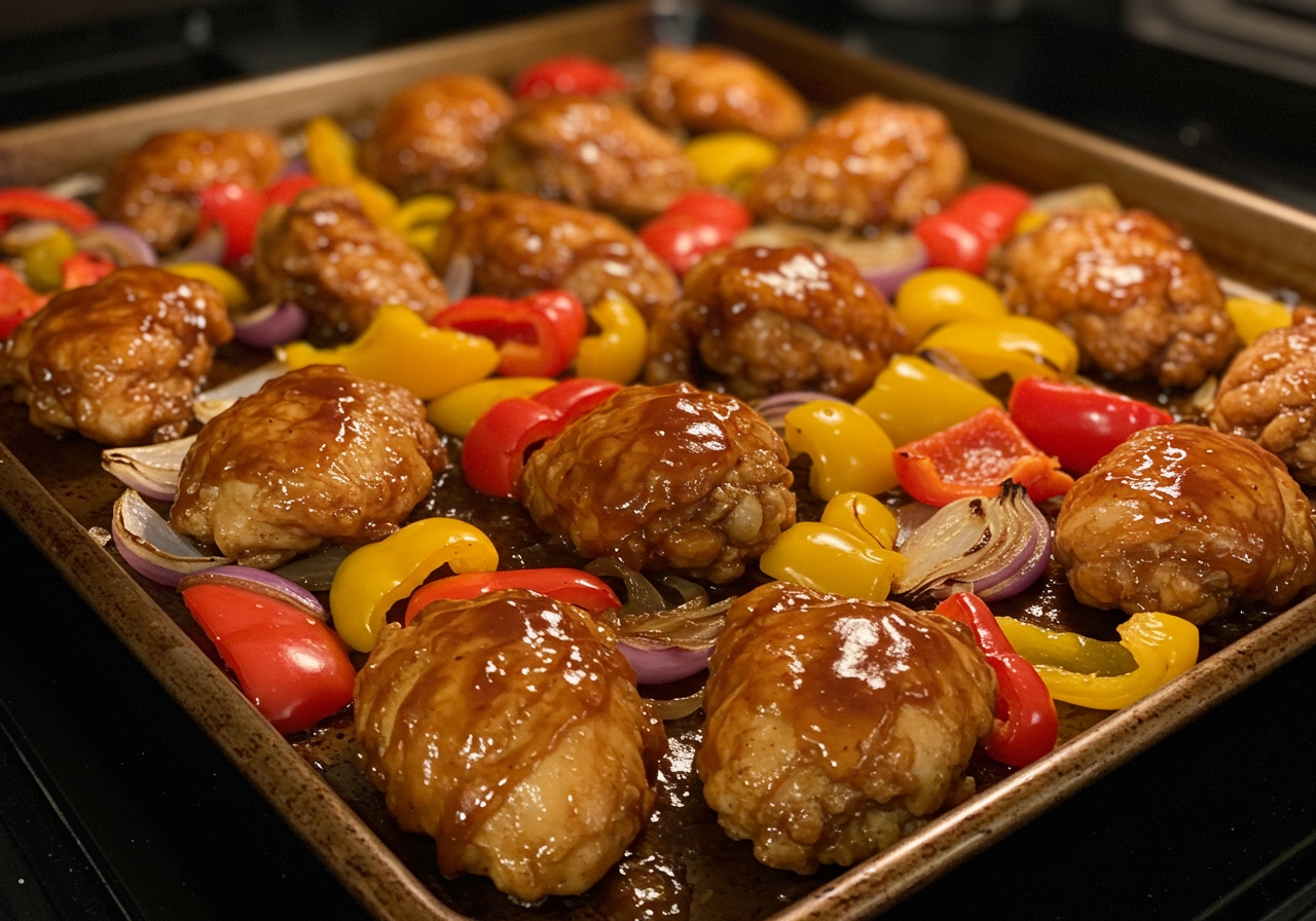 A sheet pan filled with cut-up fried chicken pieces, bell peppers, and onions, coated in a barbecue-like sauce, ready to go into the oven.