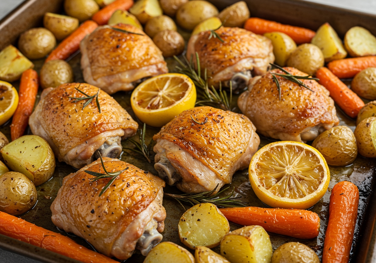 A sheet pan filled with golden-brown roasted chicken thighs, alongside perfectly roasted lemon slices, rosemary sprigs, potatoes, and carrots.