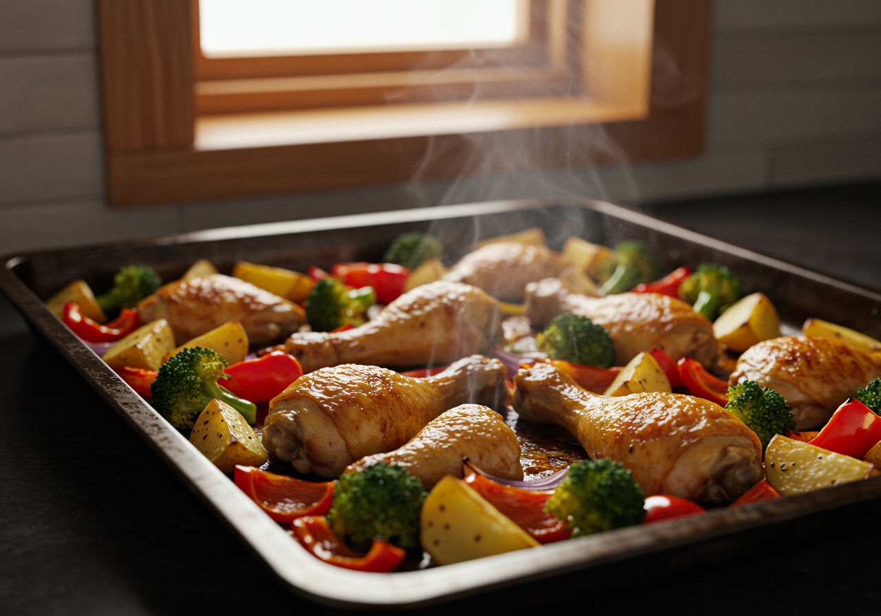 A sheet pan filled with roasted chicken pieces, broccoli, bell peppers, and potatoes, fresh out of the oven, looking golden and delicious.