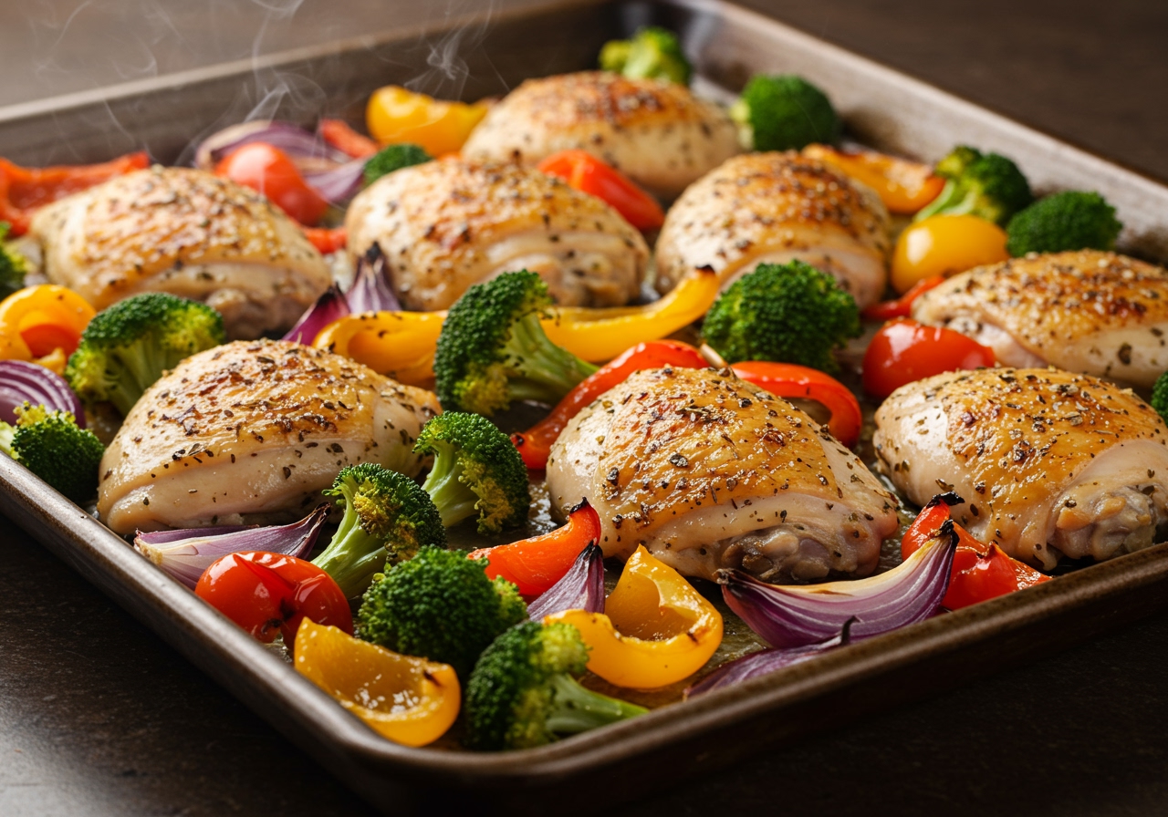 A sheet pan filled with roasted chicken pieces, broccoli florets, red and yellow bell peppers, and sliced red onion, all seasoned with herbs and roasted to golden brown.
