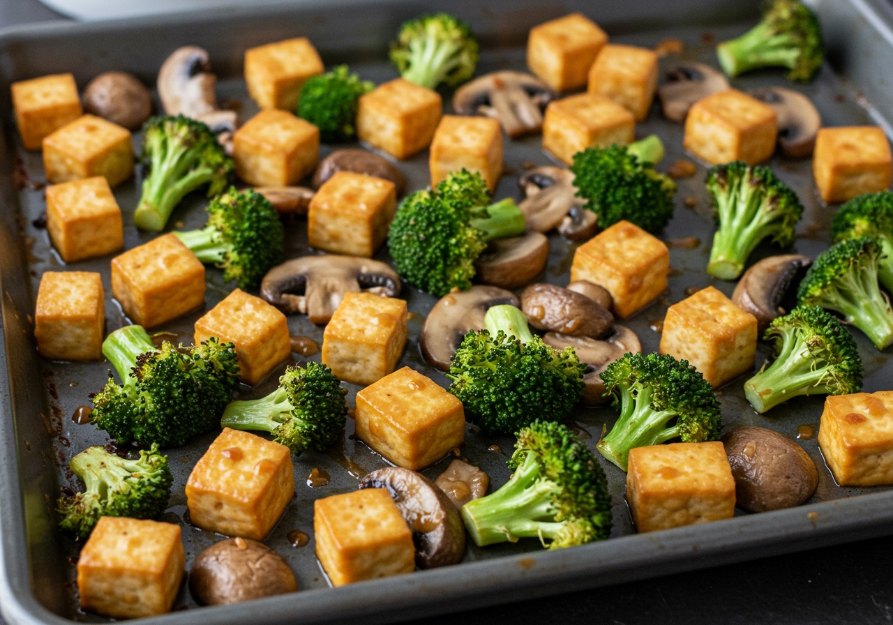 A sheet pan filled with roasted tofu, broccoli florets, and mushrooms, coated in a miso-mayo sauce. The ingredients show slight browning.