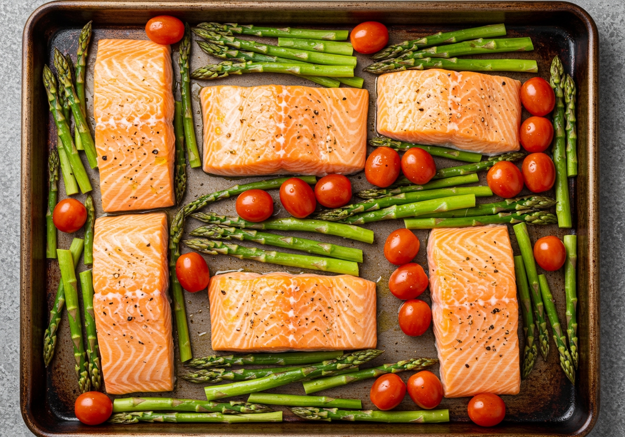 A sheet pan filled with salmon fillets, asparagus, and cherry tomatoes, ready to go into the oven.