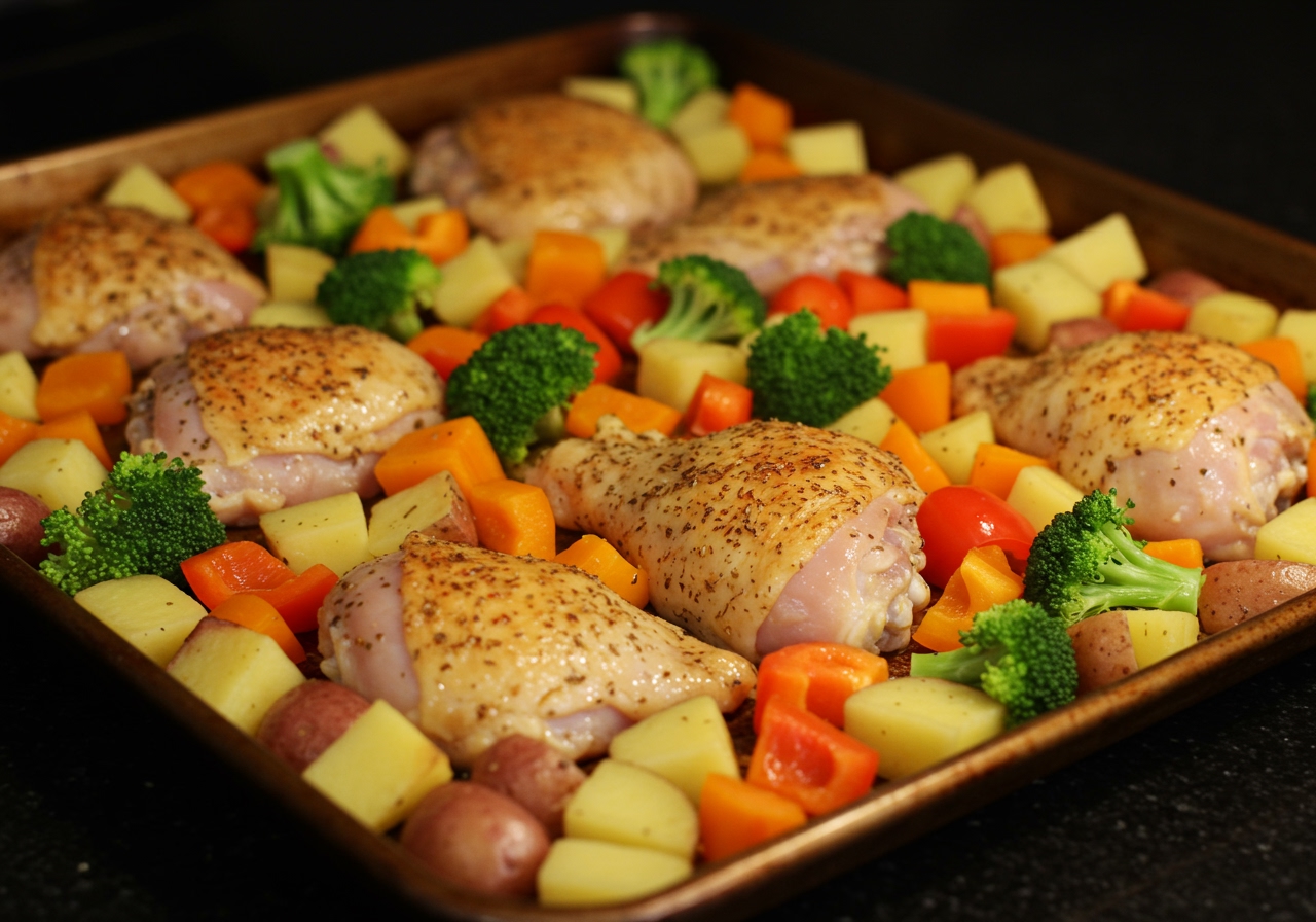 A sheet pan filled with seasoned chicken pieces and various colorful vegetables (broccoli, bell peppers, potatoes) ready to be roasted, focus on a portion size suitable for 2 people.