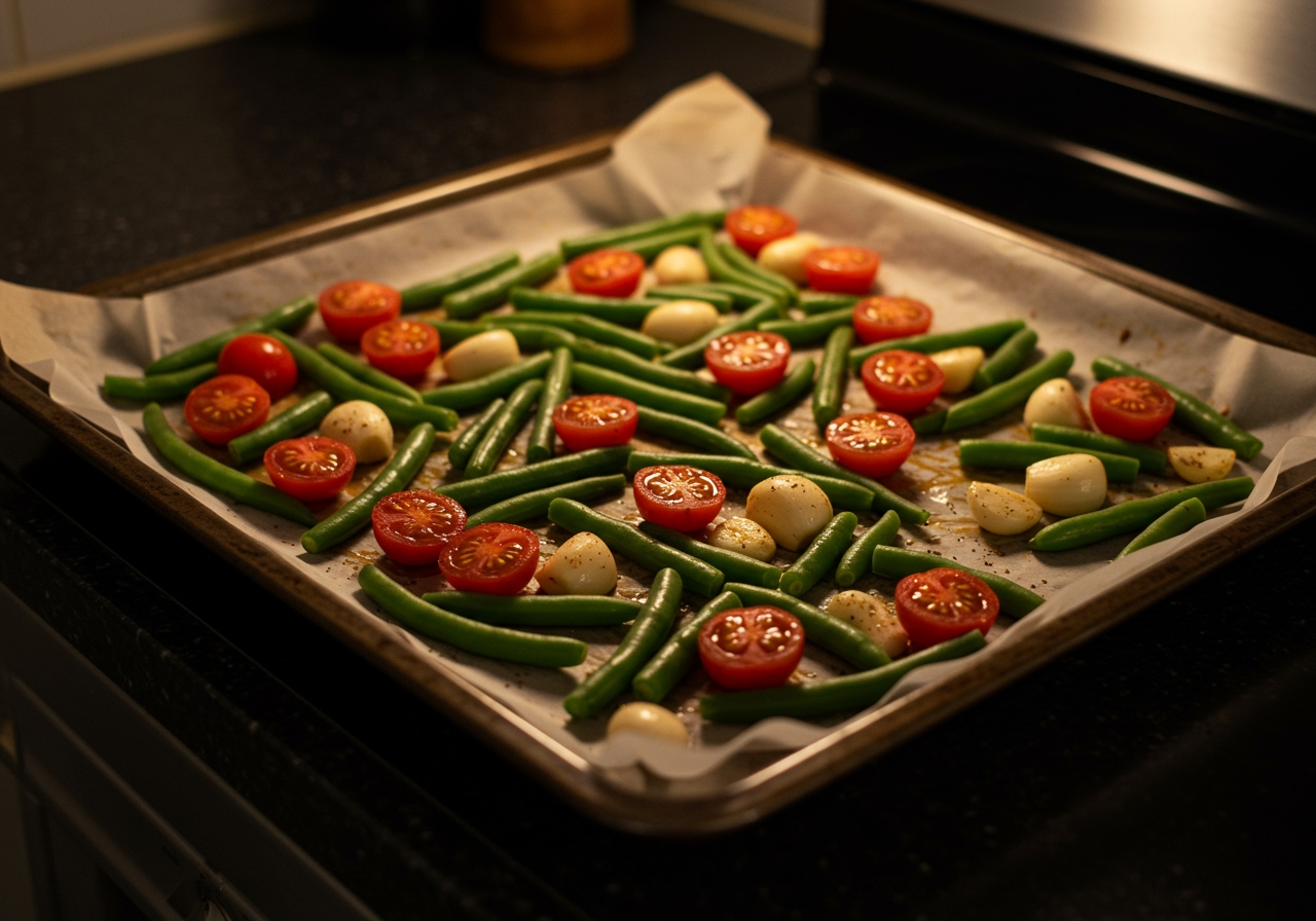 A sheet pan filled with seasoned green beans, cherry tomatoes, and garlic, spread out evenly on parchment paper, ready to go into the oven.