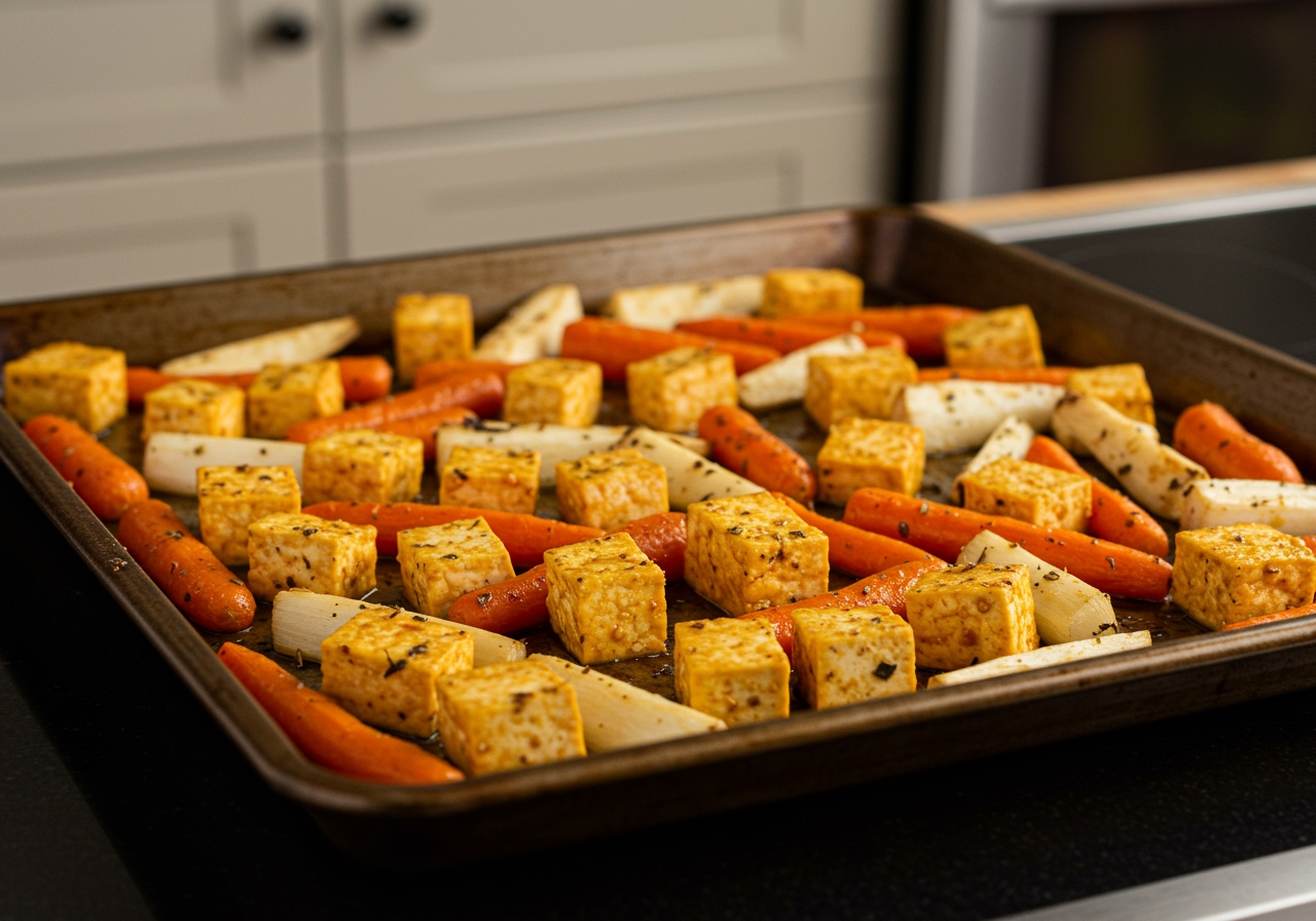 A sheet pan filled with seasoned tofu cubes and various root vegetables, ready for the oven