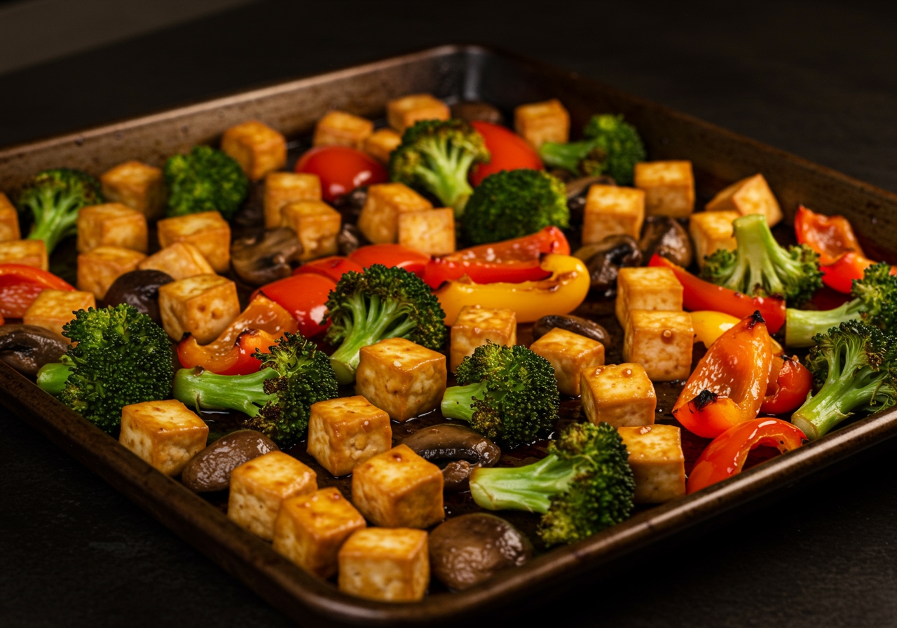 A sheet pan with roasted cubed tofu, broccoli florets, bell peppers, and mushrooms, coated in an Asian-inspired glaze.