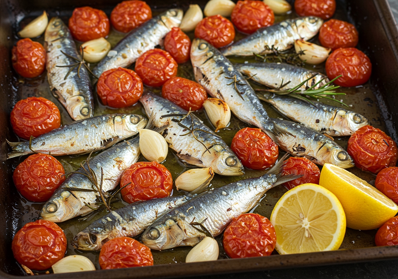 A sheet pan with several small sardines baked with cherry tomatoes, garlic slices, and fresh herbs, served with lemon wedges.