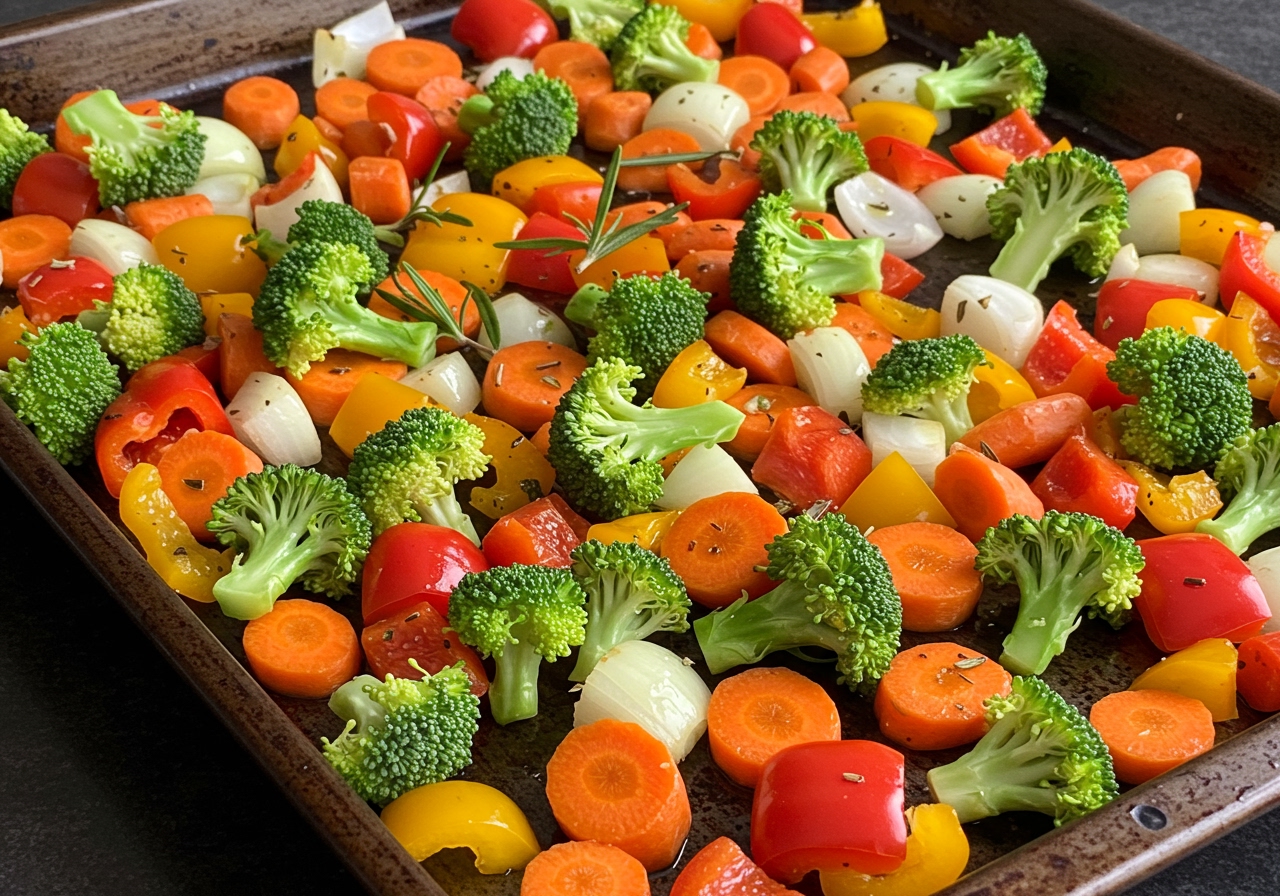 A sheet pan with various raw, chopped vegetables (broccoli, carrots, bell peppers, onions) seasoned with herbs and oil, ready to be roasted.