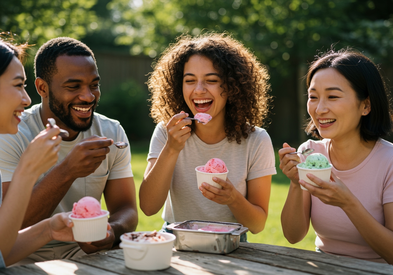 A shot of happy people (could be family or friends) enjoying small bowls of the homemade ice cream together, smiling and laughing.