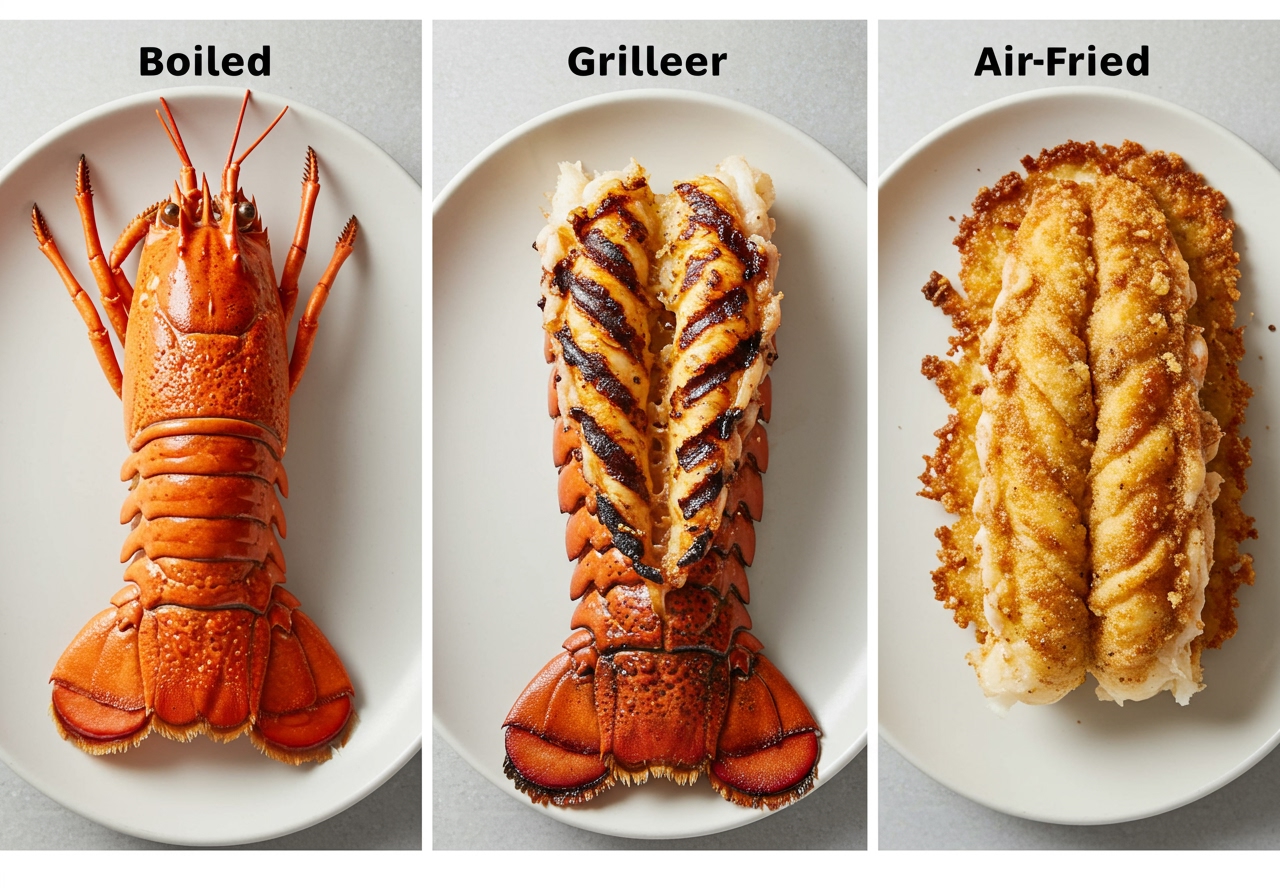 A side-by-side comparison image showing a boiled lobster tail, a grilled lobster tail, and an air-fried lobster tail, highlighting the difference in appearance.