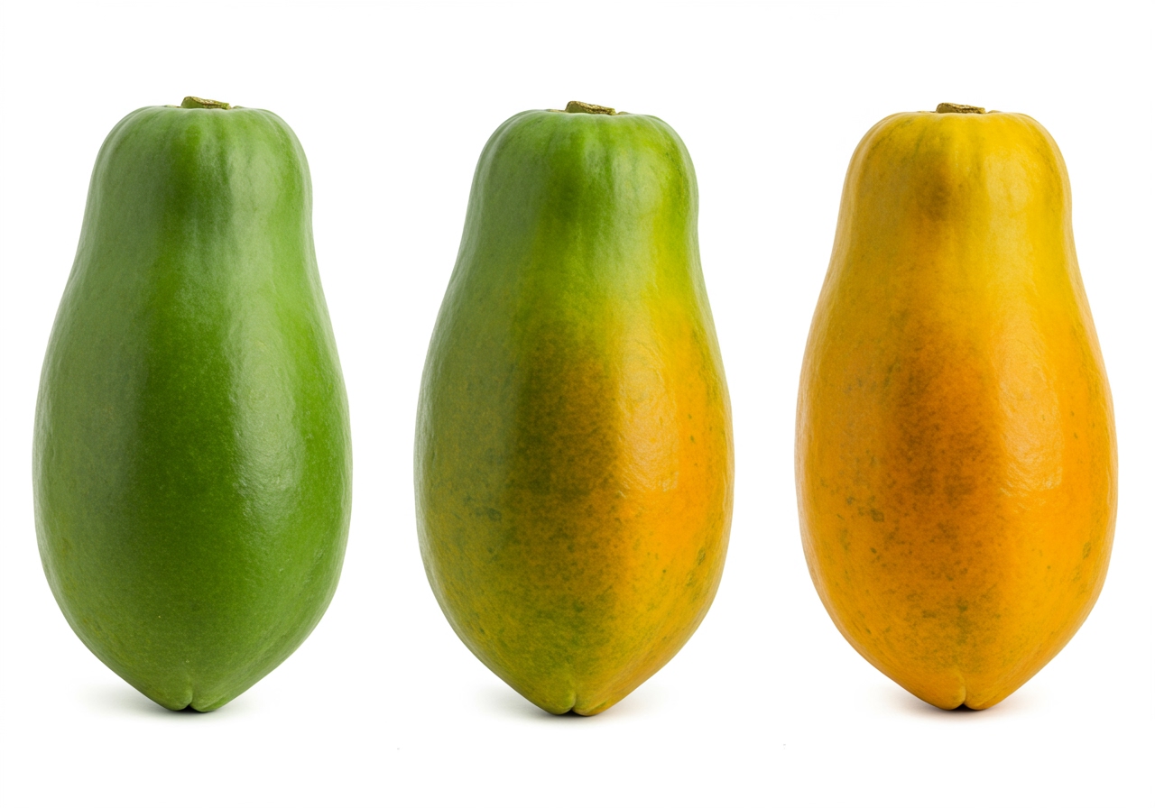 A side-by-side comparison showing three papayas: one entirely green (unripe), one partially yellow/orange (ripening), and one almost entirely yellow/orange (ripe)