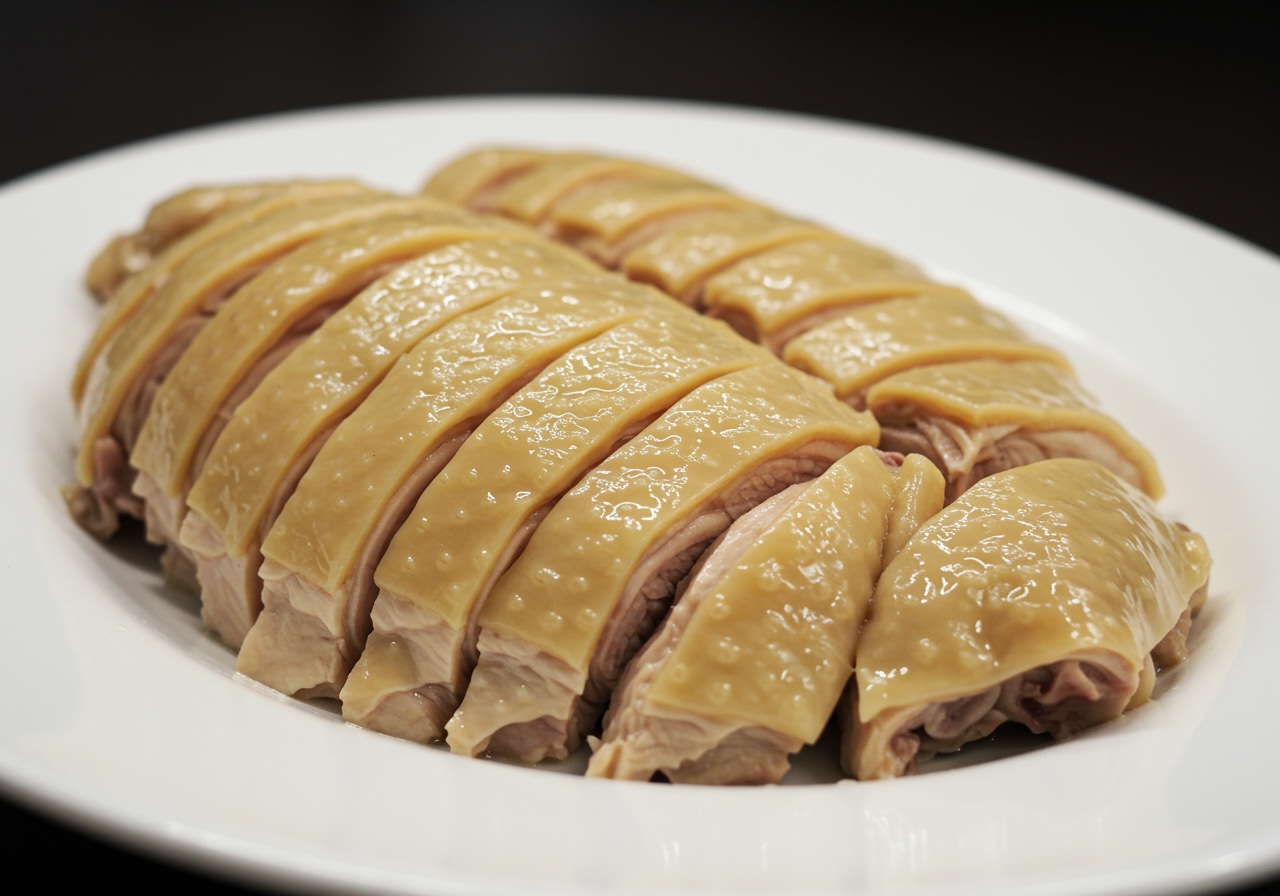 A side view close-up of sliced steamed chicken with incredibly smooth, glossy skin, demonstrating the perfect texture achieved by the cooling process.