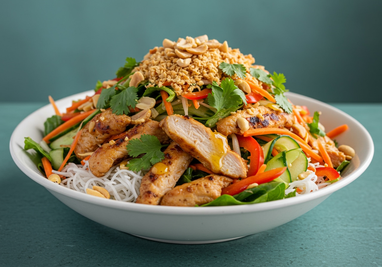 A side view of a large portion of Vietnamese lemongrass chicken salad, emphasizing the volume and the variety of textures.
