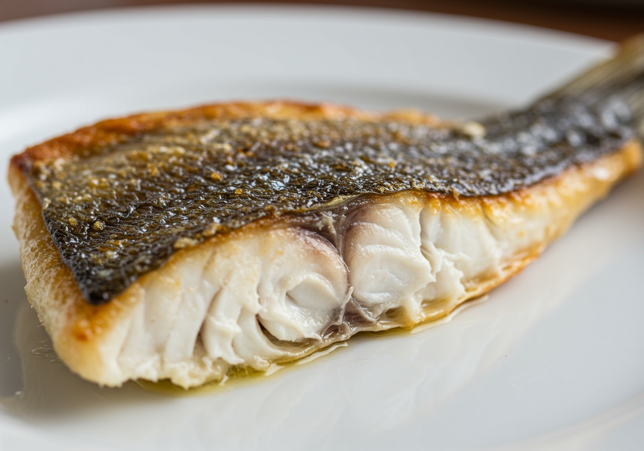 A side view of the cooked sea bream fillet, highlighting the crispy skin and flaky white flesh inside.