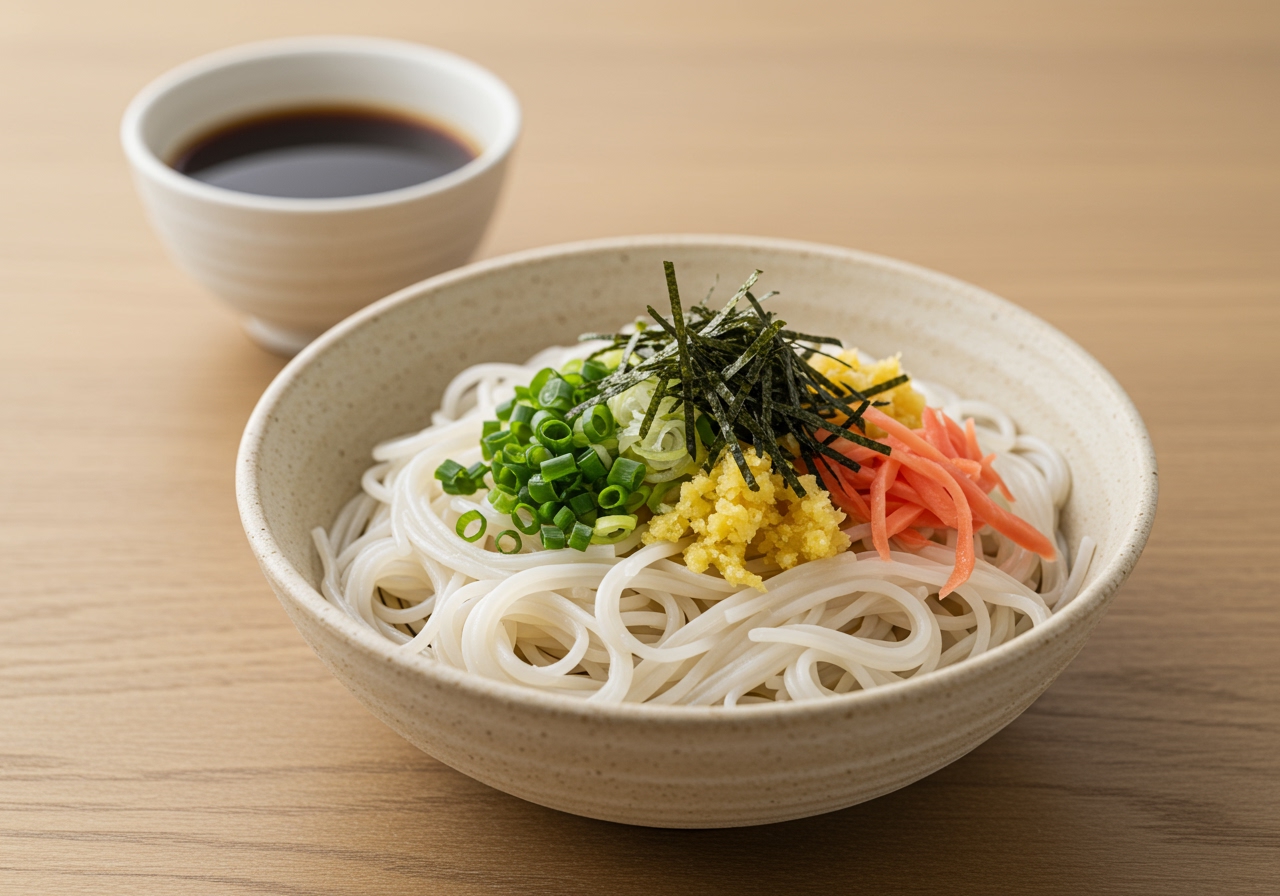 A simple bowl of classic somen noodles with dipping sauce, topped with traditional Japanese garnishes like chopped green onions, ginger, and seaweed.