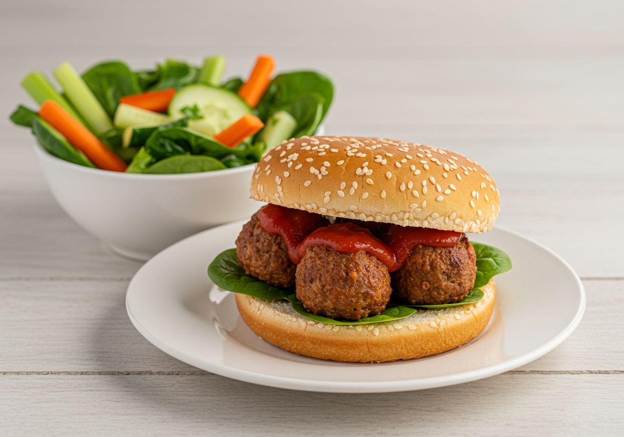 A simple easy meatball sandwich served with a side of fresh green salad and vegetable sticks, suggesting a balanced meal.