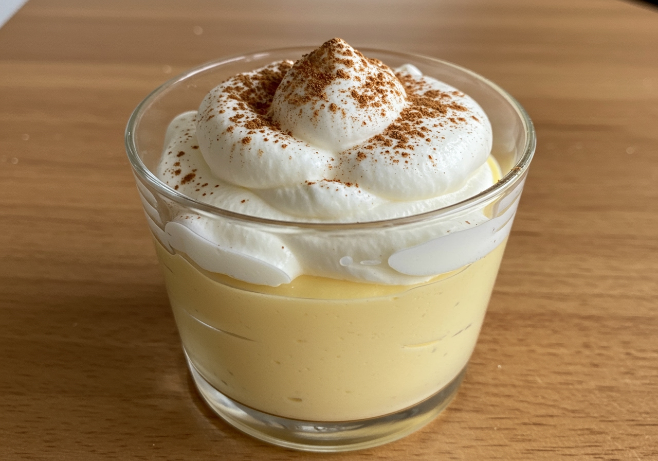 A simple homemade dessert cup with layers of custard, whipped cream, and sprinkled cinnamon.