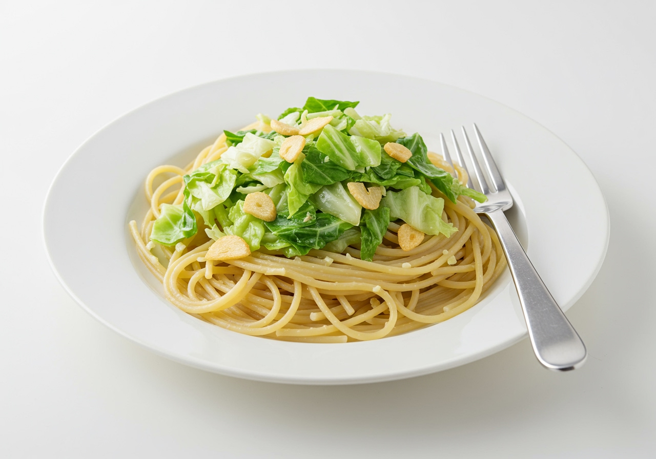 A simple, minimalist pasta dish with lots of roughly chopped cabbage mixed in, tossed with garlic and olive oil. Served on a white plate with a fork.