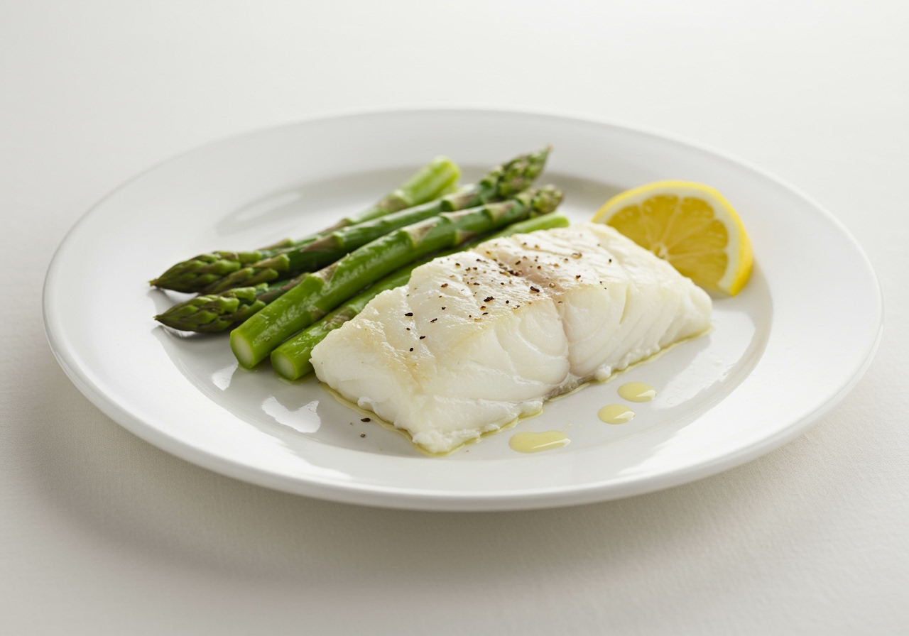 A simple plate of steamed white fish with minimal vegetables, illustrating a quick and easy preparation.