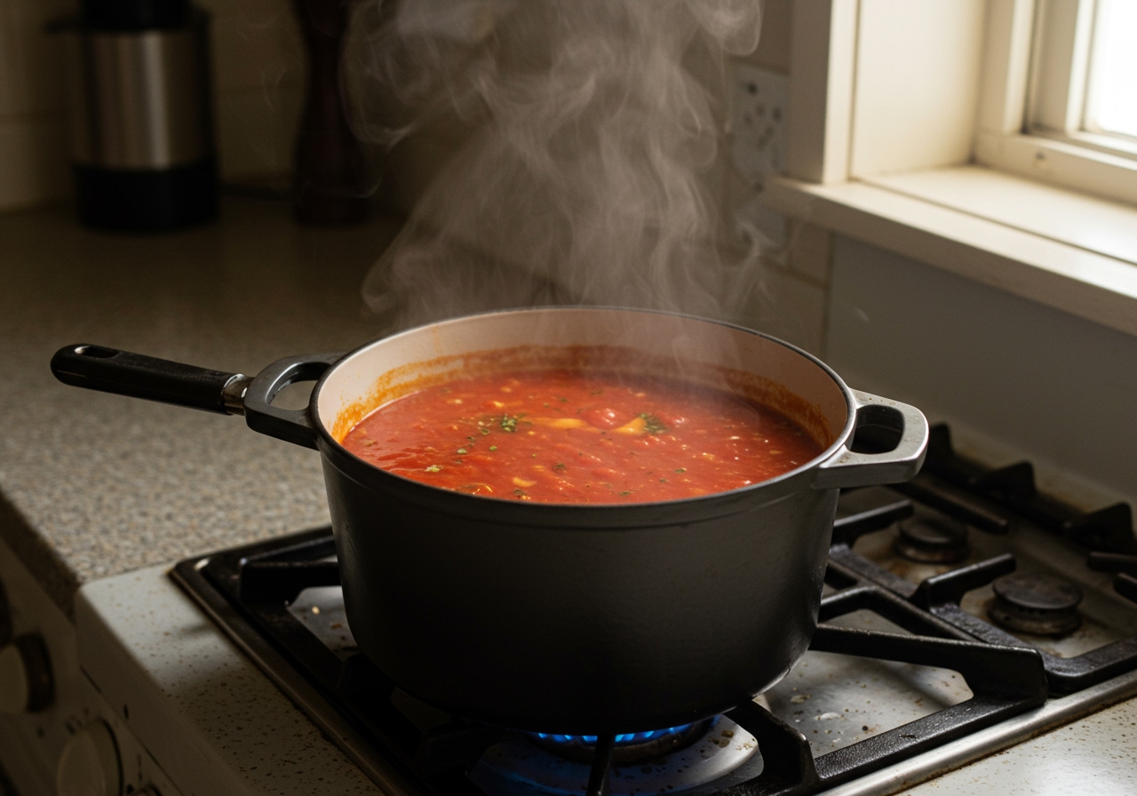 A simple pot of vibrant red tomato soup simmering on a stove. Steam is gently rising.