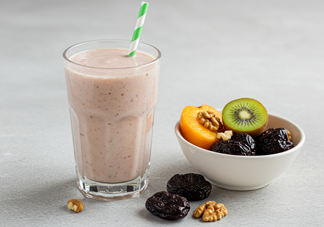 A single glass of the prune and yogurt smoothie placed next to a small bowl of fresh fruits and nuts, subtly conveying the idea of the smoothie being part of a balanced diet and healthy lifestyle.