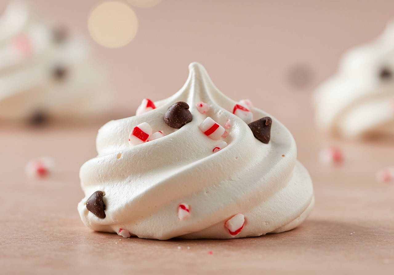 A single healthy meringue cookie with visible chocolate chips and bits of candy cane, in focus, with a blurred background.