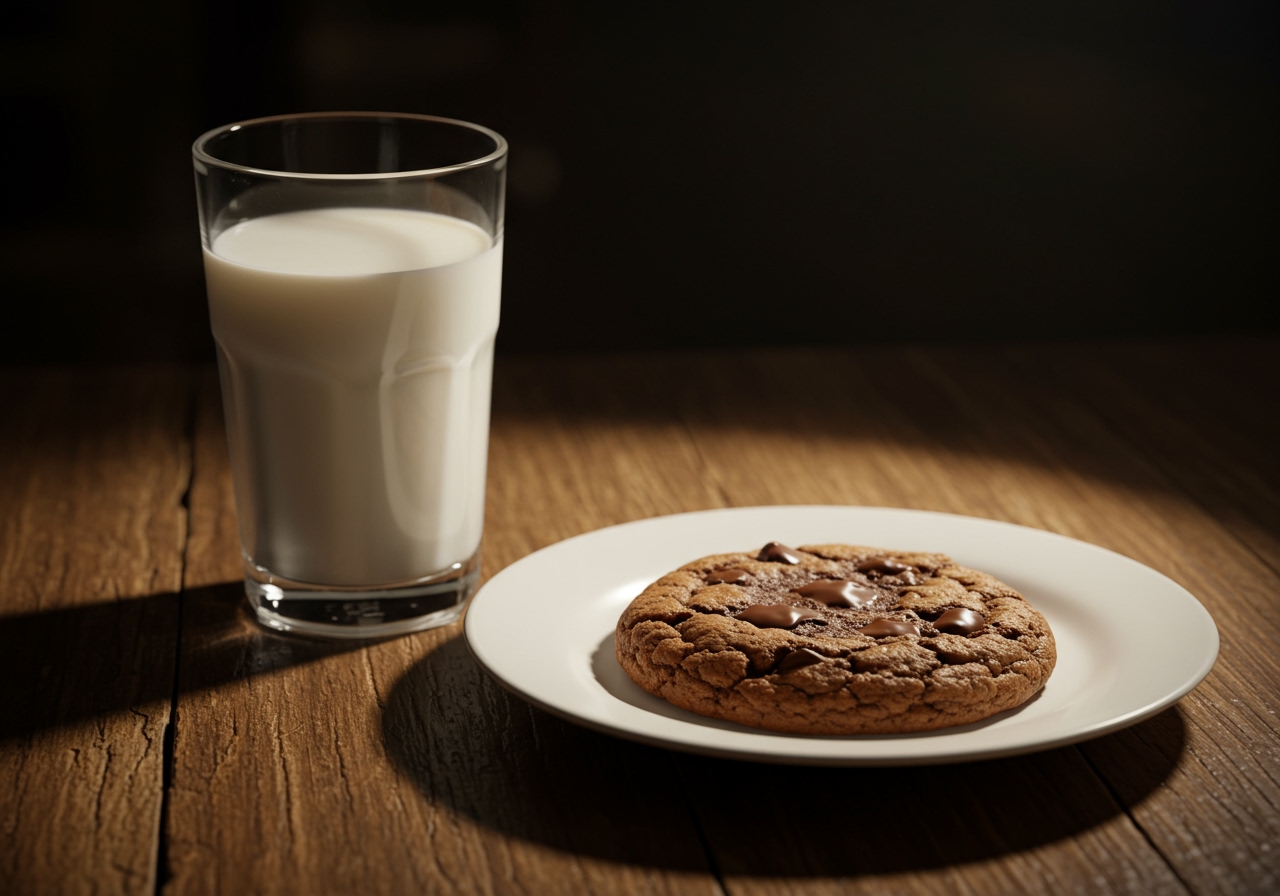 A single Insomnia Cookie (e.g., double chocolate) on a plate next to a glass of milk, with soft lighting suggesting a cozy evening.