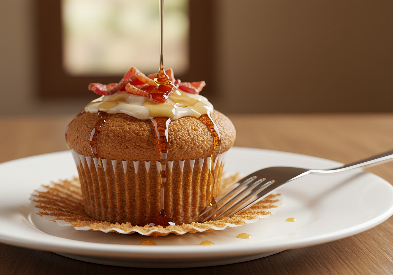 A single maple bacon buttermilk cupcake placed on a plate, with a fork ready to take a bite. The background is blurred and warm.