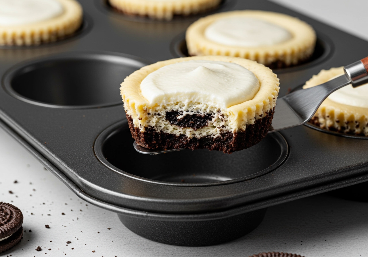 A single, perfectly baked healthy mini Oreo cheesecake being gently removed from a muffin tin, showcasing its golden-brown crust and creamy top.