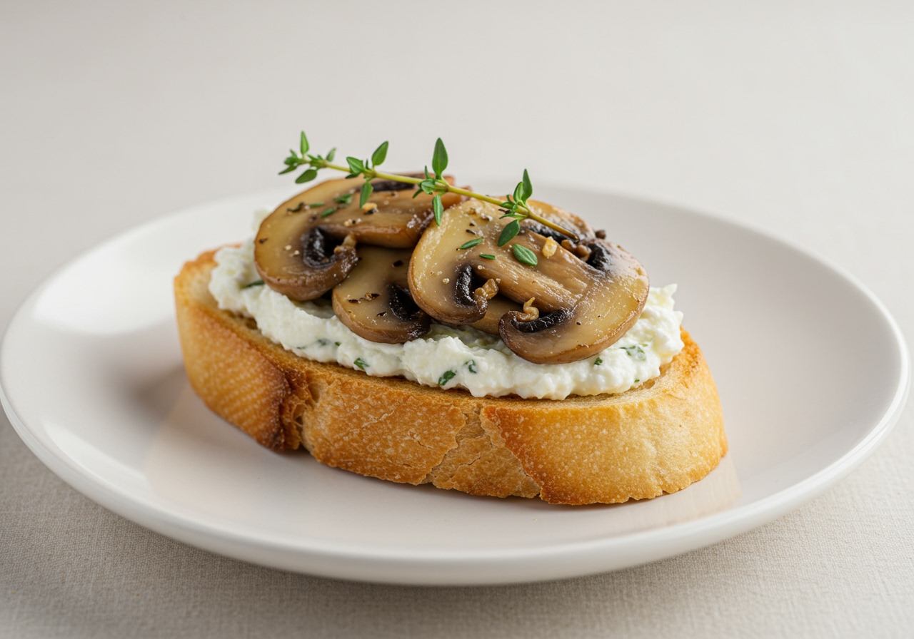 A single, perfectly crafted bruschetta piece on a small white plate, topped generously with herb goat cheese and savory sautéed mushrooms, perhaps with a sprig of fresh thyme.