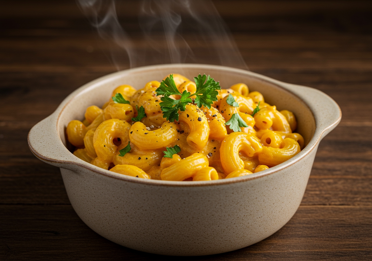 A single serving of healthy vegan pumpkin mac and cheese in a cozy bowl, garnished with fresh parsley and a sprinkle of black pepper, steam rising.