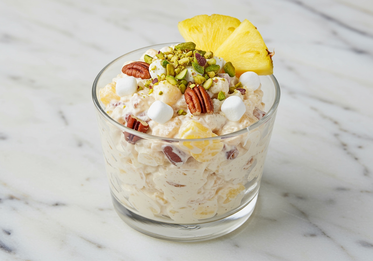 A single serving of modern Watergate salad in a small glass bowl, topped with a sprinkle of pistachios and a small piece of fresh pineapple.