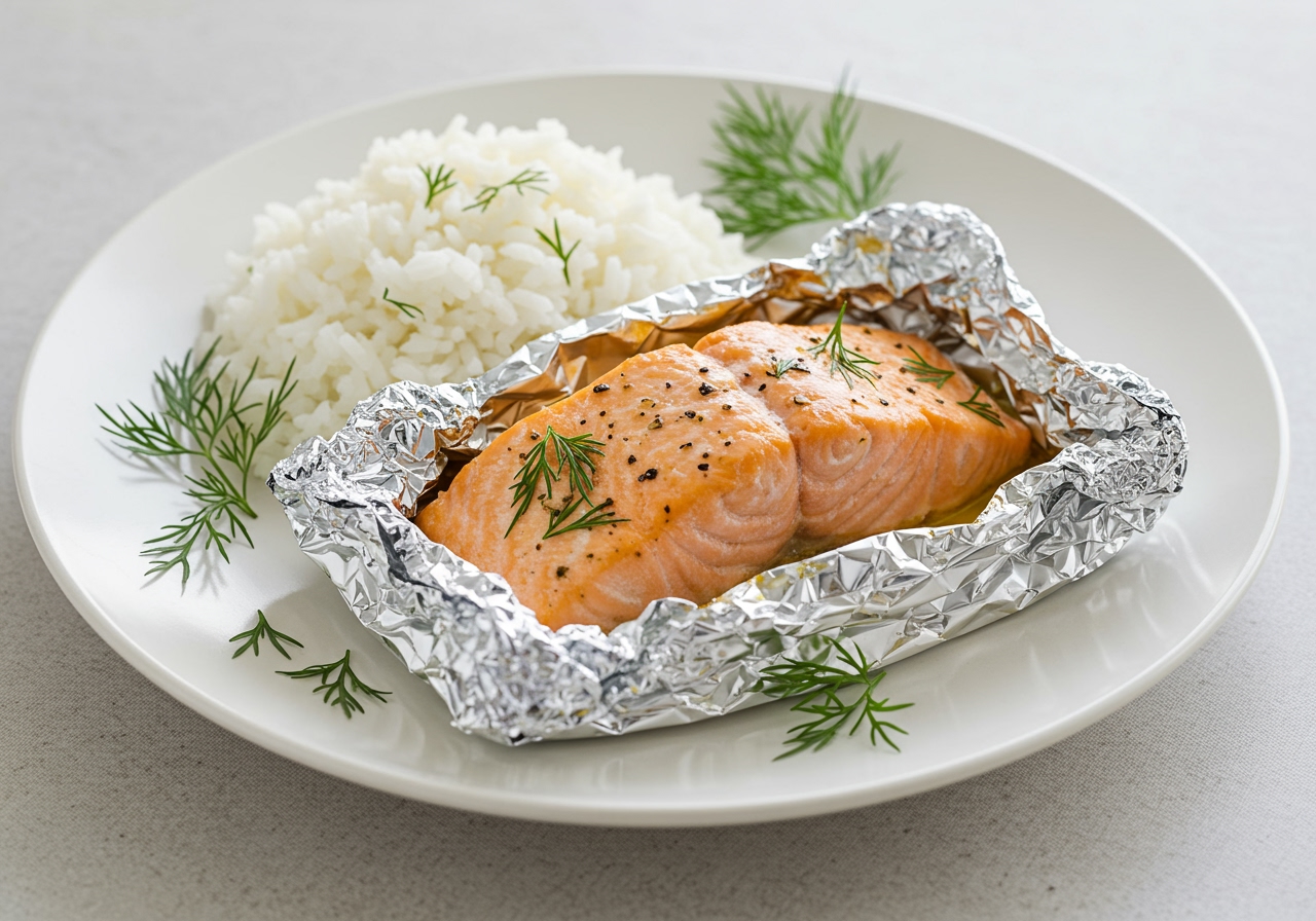 A single serving of salmon foil bake, still in its foil packet, presented on a plate with a side of rice or salad.