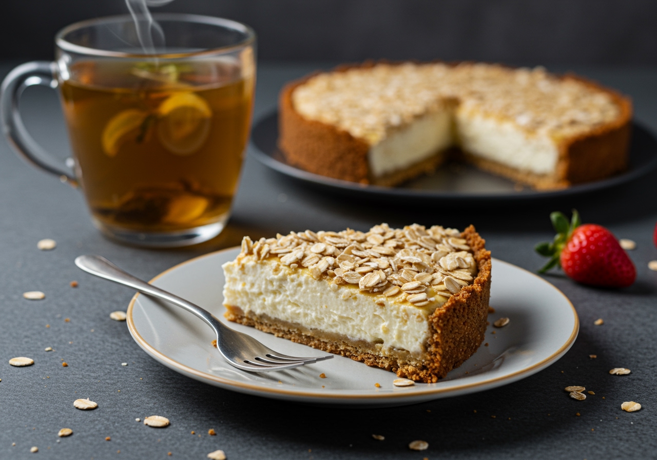 A single slice of healthy oatmeal cream pie, perfectly cut and standing on a small dessert plate, with a subtle steam rising from a cup of herbal tea in the background.