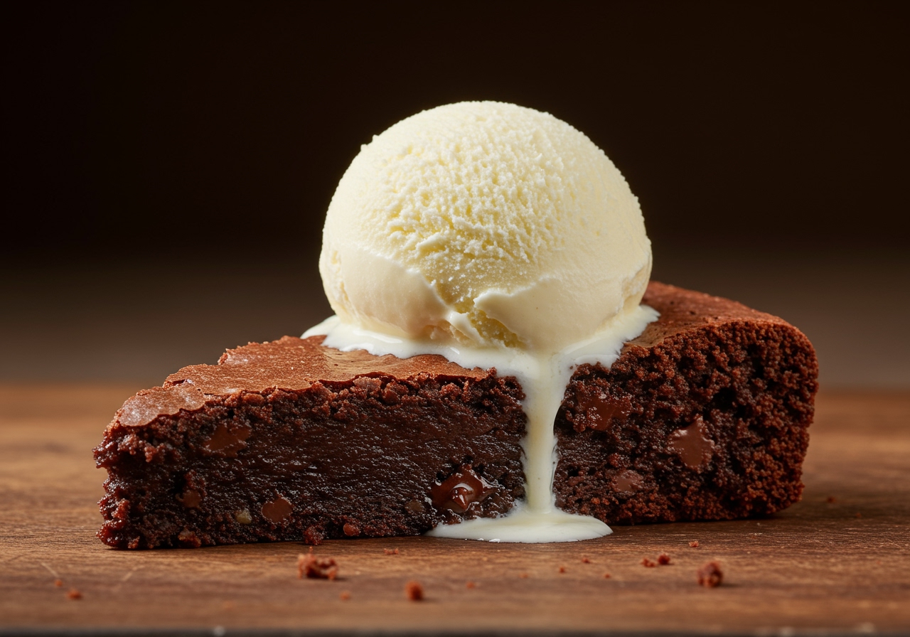 A single slice of rich chocolate Kahlua brownie with a scoop of melting vanilla ice cream on top, seen from a slightly overhead angle.