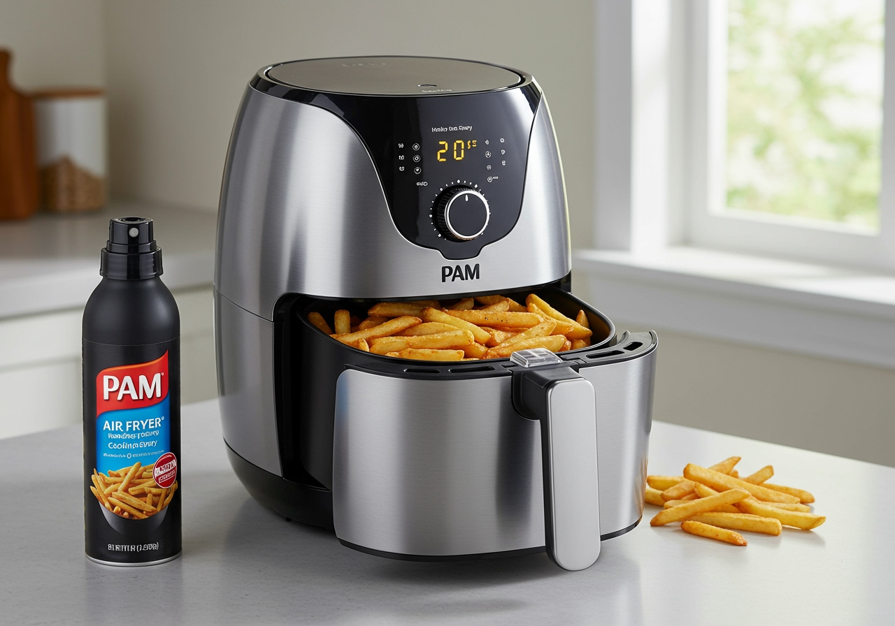 A sleek black PAM Air Fryer Cooking Spray bottle standing proudly next to a modern silver air fryer with its basket slightly pulled out, revealing crispy golden fries inside.