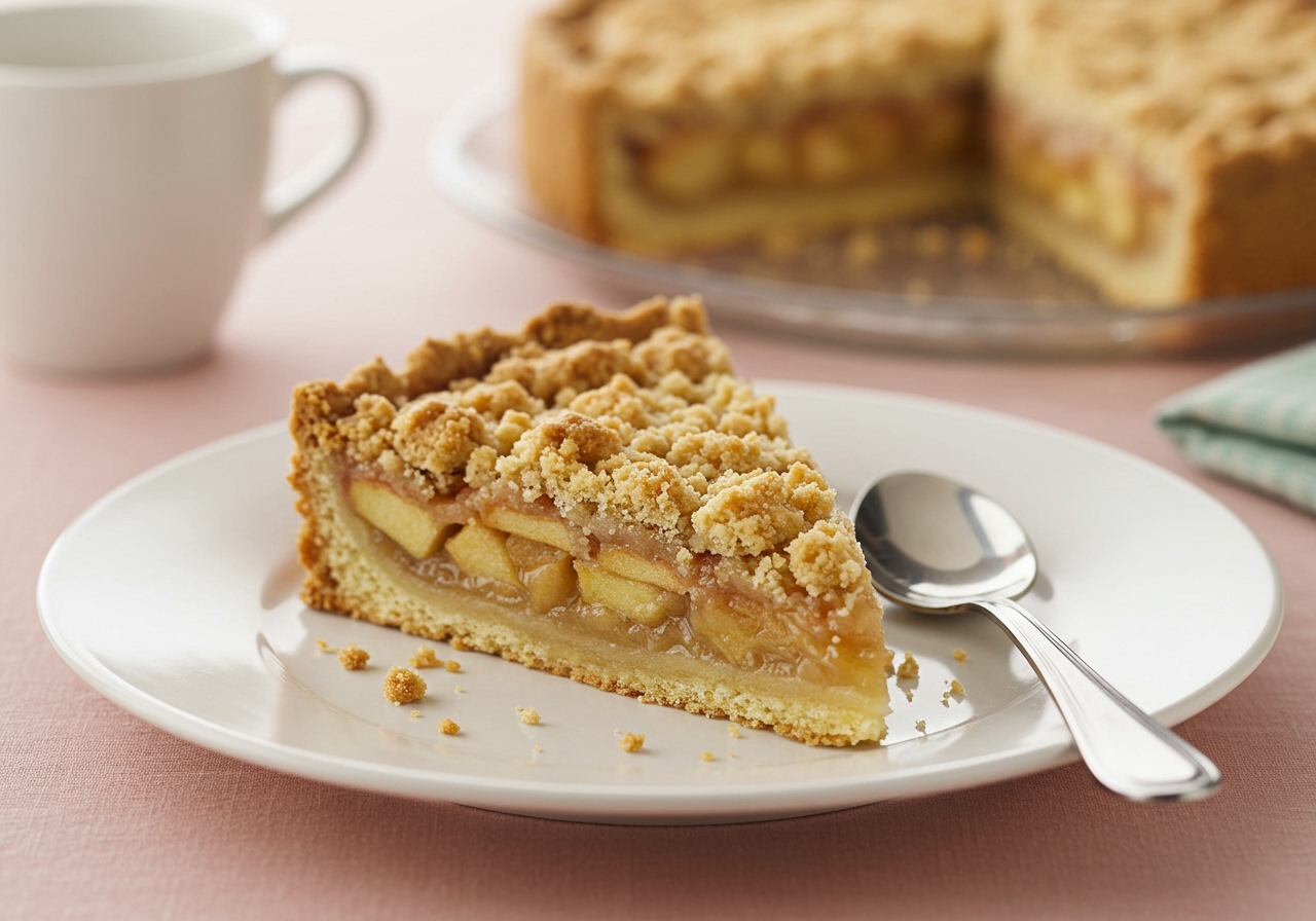 A slice of apple crumble pie on a white plate, showcasing the layers of crust, apple filling, and crumble. A small spoon is next to it, and a gentle bokeh background.