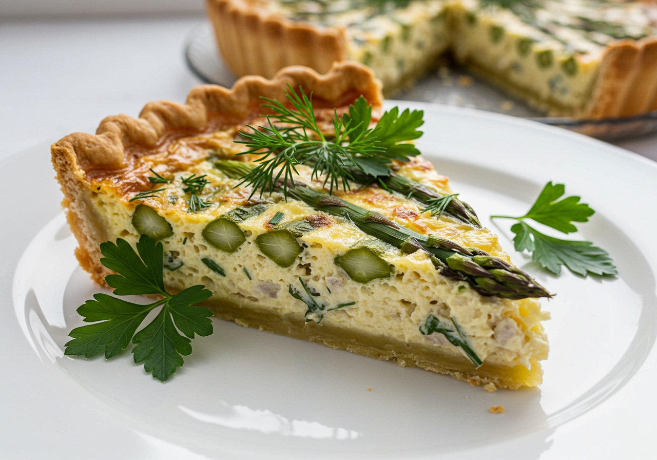A slice of asparagus quiche on a white plate, showing the layers of crisp crust, creamy custard, and vibrant asparagus, garnished with fresh herbs.