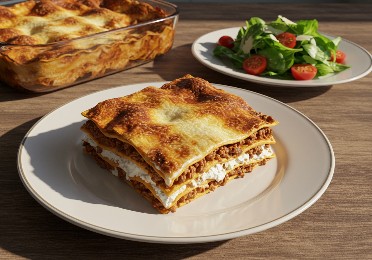A slice of baked lasagna on a plate, served with a simple green salad on the side.