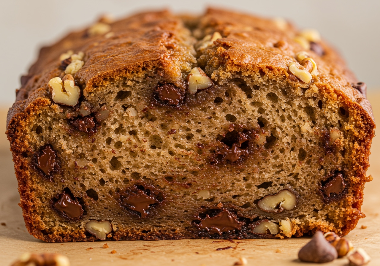 A slice of banana bread with melted chocolate chips and chopped walnuts.