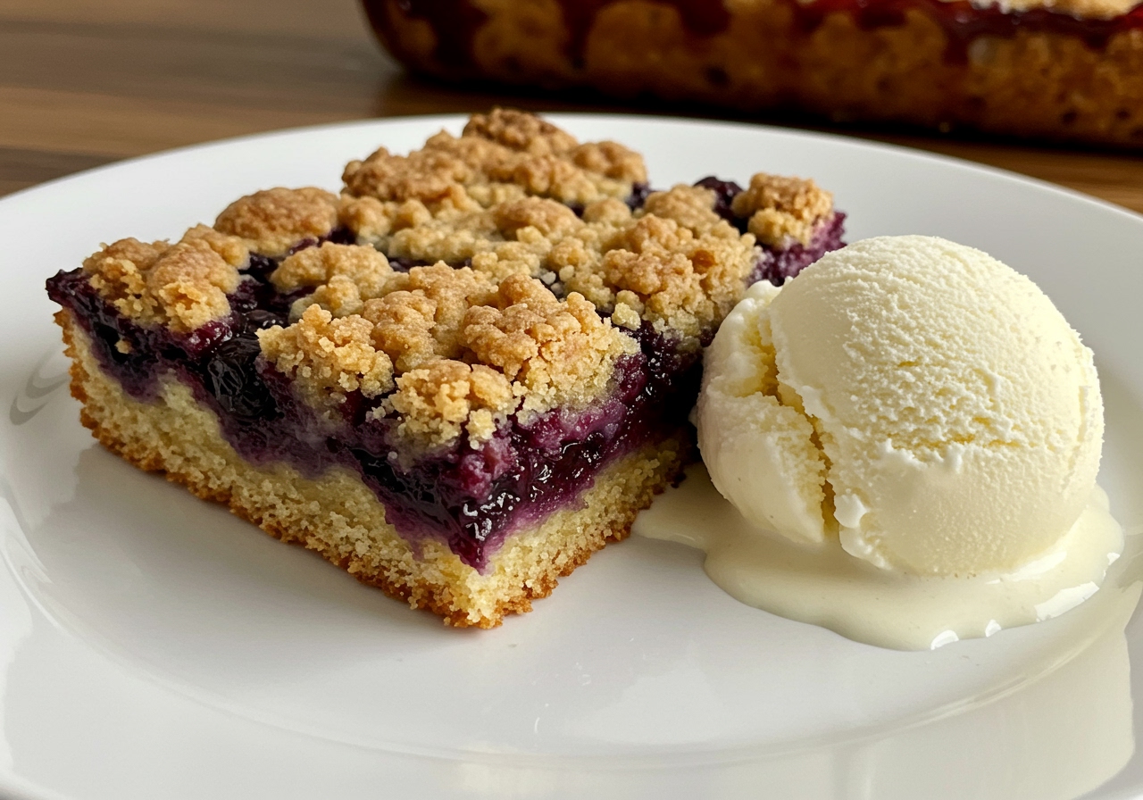 A slice of blueberry crumble bar with a scoop of vanilla ice cream.