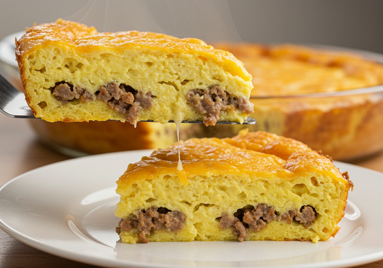 A slice of breakfast casserole being served onto a plate, showing the layers of ingredients, with steam rising.