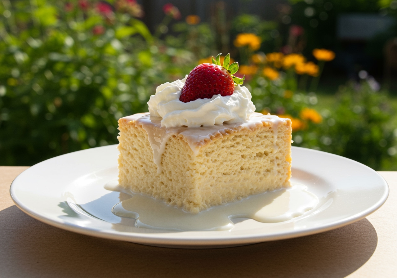 A slice of chilled Tres Leches cake on a plate, dripping slightly with milk, garnished with whipped cream and a strawberry, set against a bright, summery background.