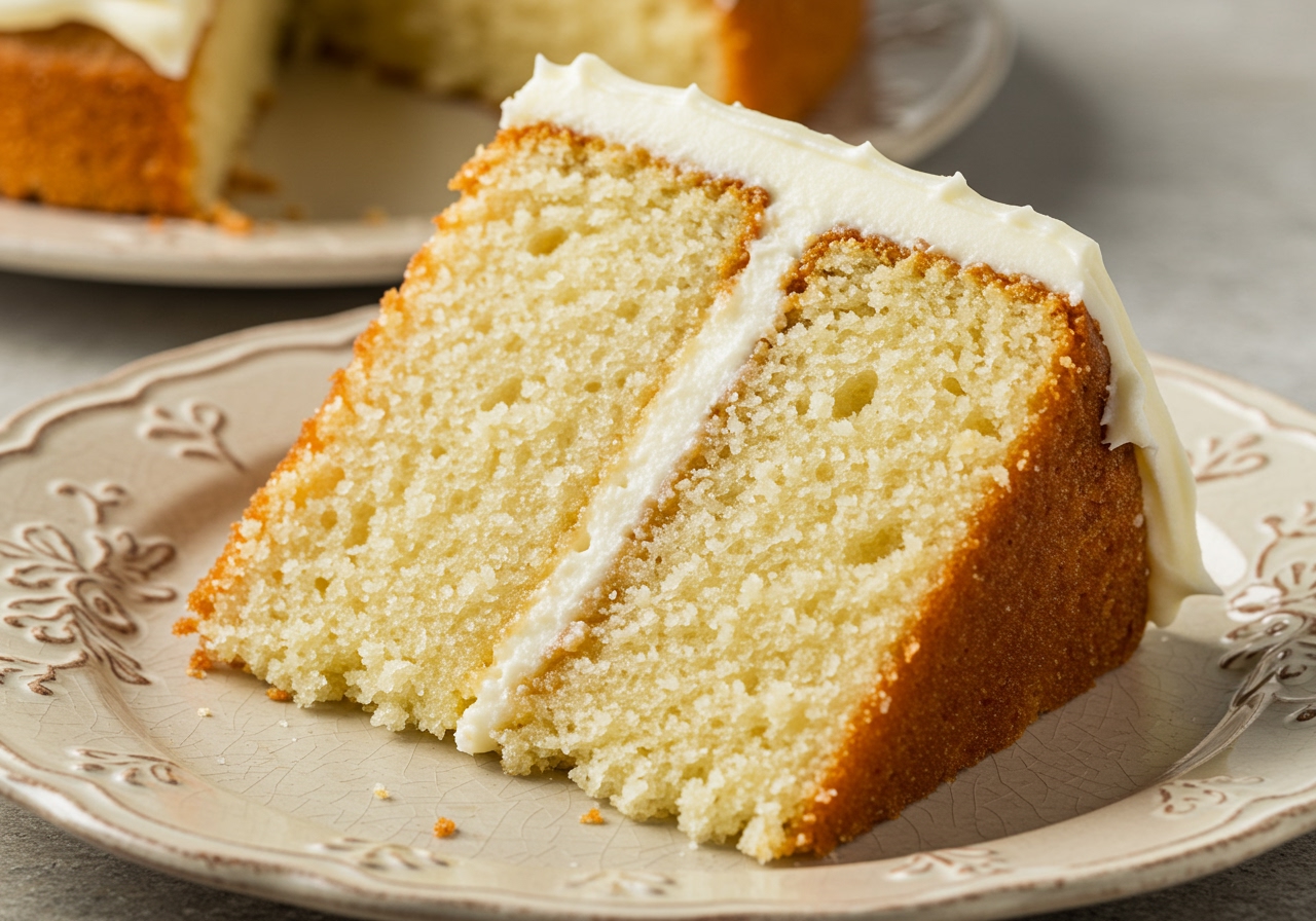 A slice of classic vanilla cake, showing its texture