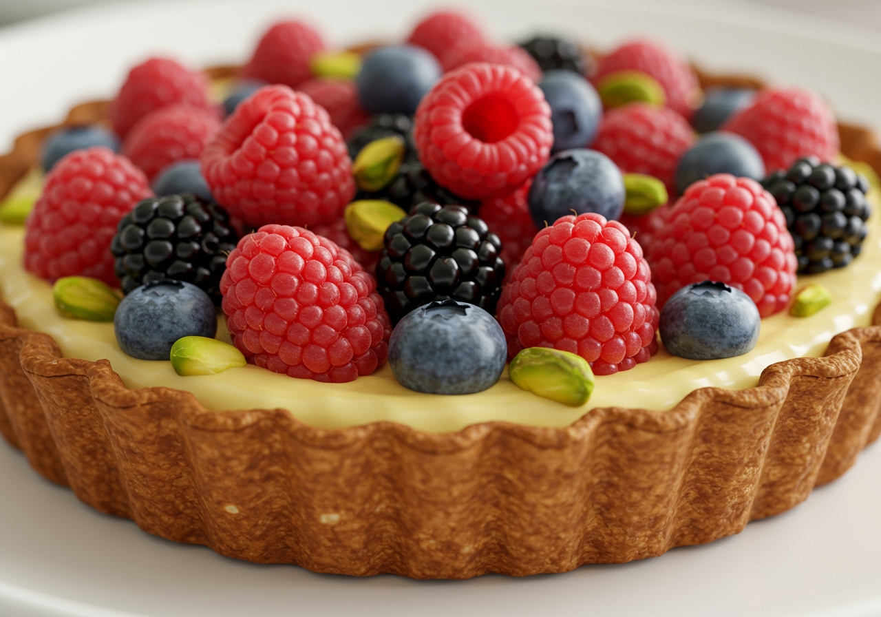 A slice of delicious-looking healthy pretzel tart on a plate, garnished with fresh berries and a sprinkle of chopped nuts.