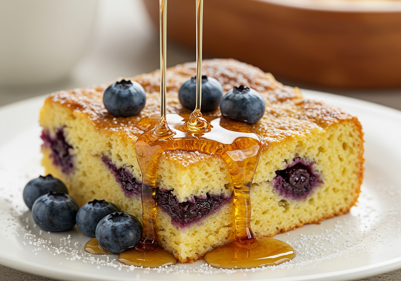 A slice of French toast casserole on a white plate, drizzled with maple syrup, garnished with a few fresh blueberries and a sprinkle of powdered sugar.
